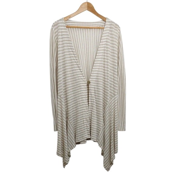 Soft Surroundings Women's Size 1X Cardigan Linen Cream White Stripe One Button - Picture 2 of 10